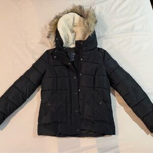 American Eagle Outfitters Black Puffer Jacket with Fur Hood